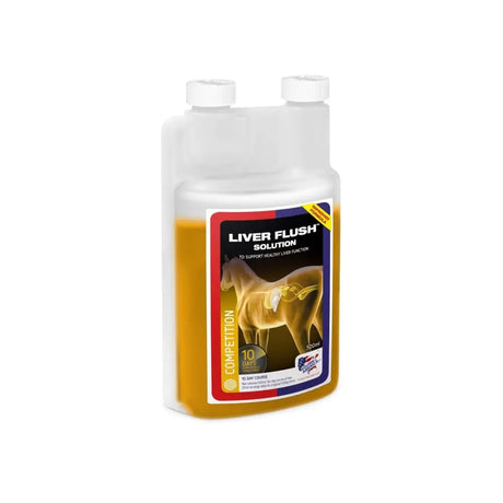 A clear plastic bottle of golden-yellow equine america liver flush 500ml for healthy liver function in horses