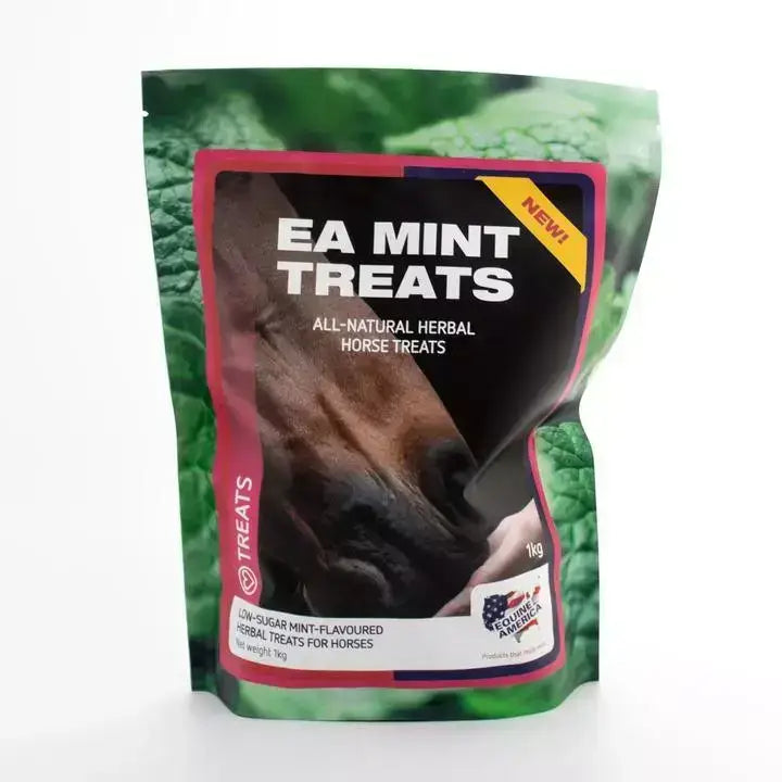 A 1kg bag of equine america mint all-natural herbal horse treats in green and black packaging with a horse muzzle image