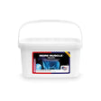 White plastic bucket with handle labeled more muscle pellets by equine america to support muscle development with lysine