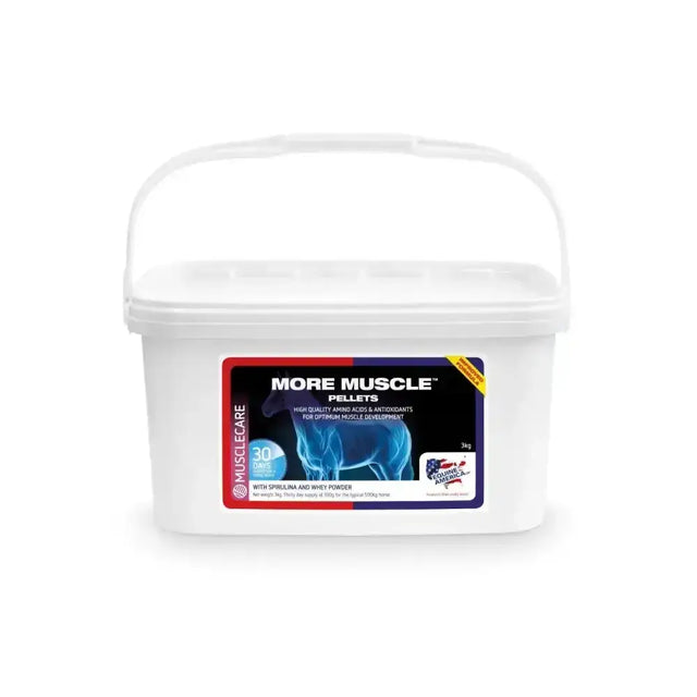 White plastic bucket with handle labeled more muscle pellets by equine america to support muscle development with lysine
