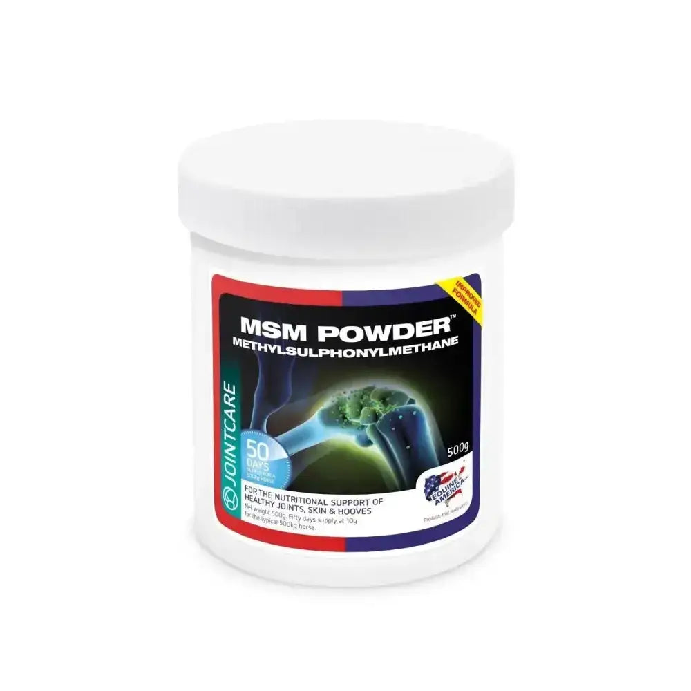White plastic container of equine america msm powder 500gm jointcare msm powder 500g for equine health