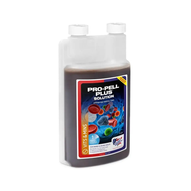 A 1-liter clear plastic bottle of equine america pro-pell plus dark brown vitamin tonic with glycine hydrate caps
