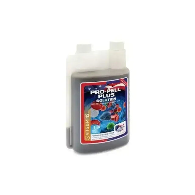 A clear plastic bottle of equine america propell plus daily tonic with dark gray liquid for energy and sound health
