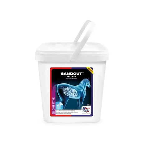 White plastic bucket with handle labeled sandout pellets for horse digestive health by equine america sandout