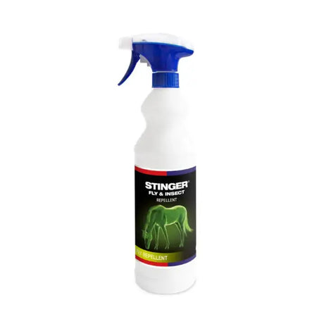 White plastic spray bottle with blue nozzle labeled equine america stinger fly repellent for biting insects 1 liter