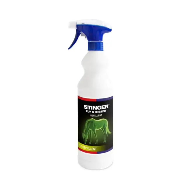 White plastic spray bottle with blue nozzle labeled equine america stinger fly repellent for biting insects 1 liter