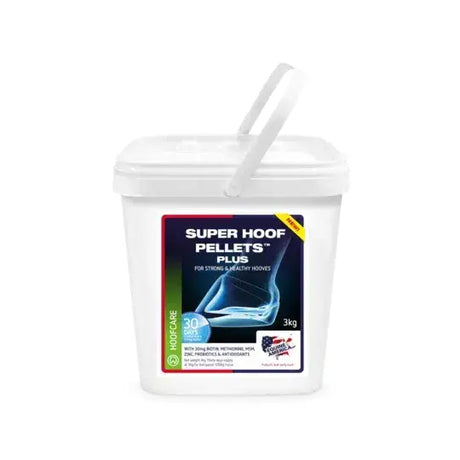 White plastic bucket of Equine America super hoof plus pellets supports coronary band and hoof wall health