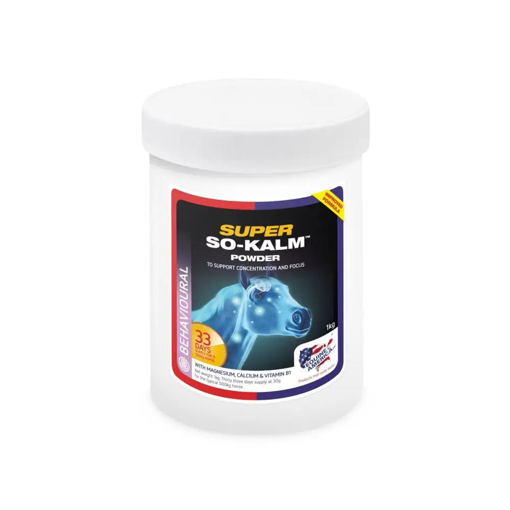 White plastic container with white lid of equine america super so kalm powder 1kg featuring three key micronutrients label