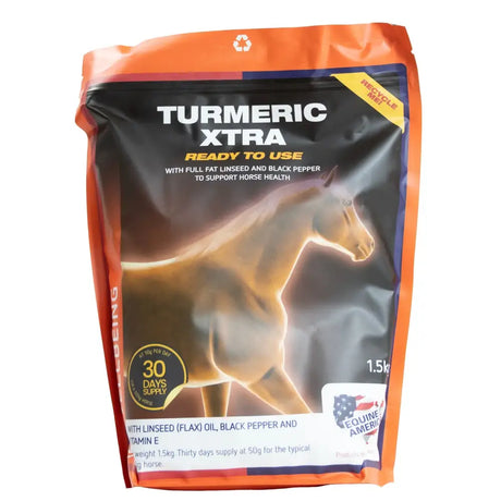 Orange and black pouch of equine america turmeric extra horse supplement with a glowing golden horse image