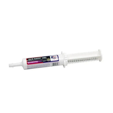 White plastic syringe tube of equine america uls-gard gel 80ml with measurement scale for gastric support