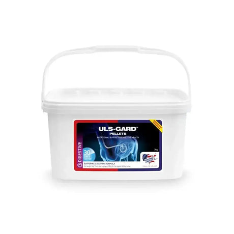 White plastic bucket with handle labeled uls-gard pellets by equine america for gastric health support