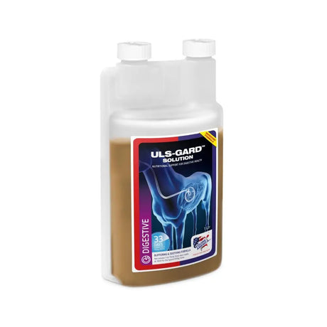 A clear plastic bottle with white cap containing brown uls-gard solution by equine america to support gastric health