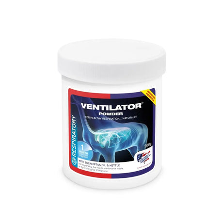 White plastic container of equine america ventilator 500g respiratory powder with eucalyptus oil for horse’s respiratory health