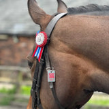 A red white and blue ribbon rosette with silver embellishment on horse bridle with an equine emergency tag for instantly accessible emergency contact details