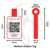 Red plastic medium endurotag emergency tag with white label and qr code for equine emergency tag info