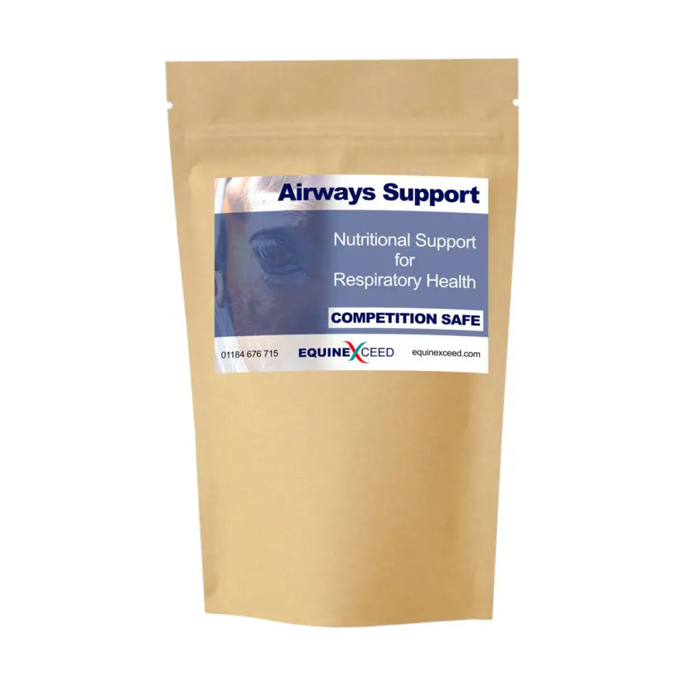 A tan resealable pouch of equine exceed airways support by equinexceed for nutritional support equine respiratory health