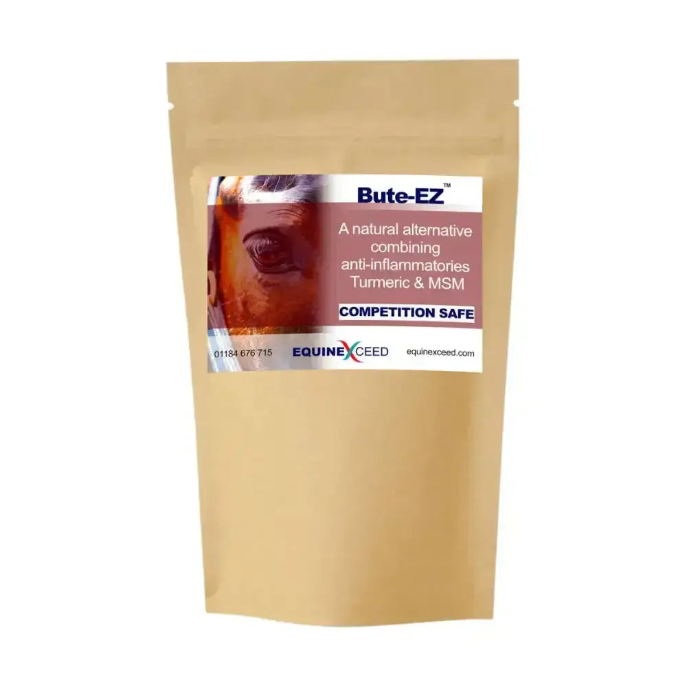 A tan resealable pouch of equine exceed bute-ez natural equine joint supplements to ease joint stiffness contains turmeric and msm