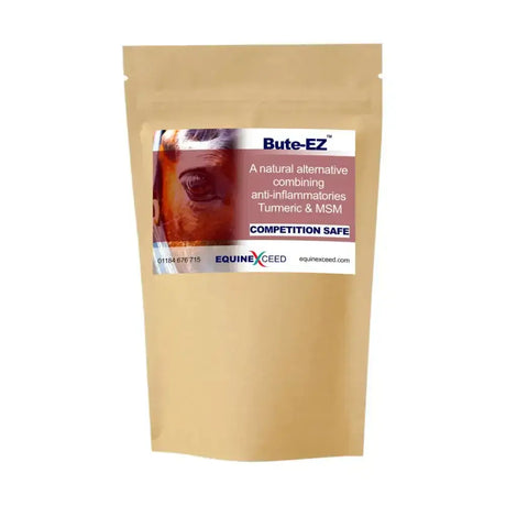 A tan resealable pouch of equine exceed bute-ez natural equine joint supplements to ease joint stiffness contains turmeric and msm