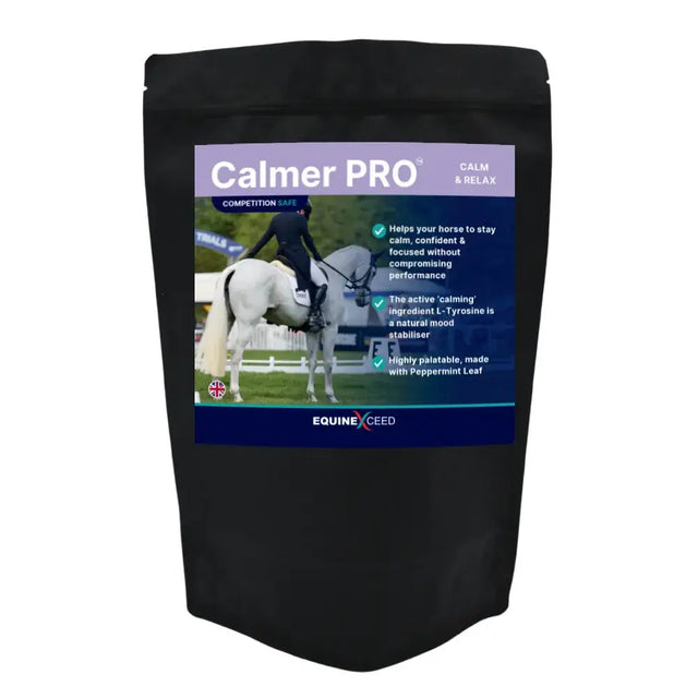 Black resealable pouch of equine exceed calmer pro horse supplement designed for focused horse calming support