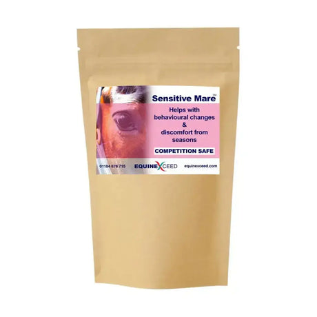 Tan resealable pouch of equine exceed sensitive mare supplement with pink label featuring a horse eye image