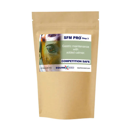 Tan resealable pouch of equine exceed sfm pro step 3 gastric maintenance supplement with calmer and competition safe label