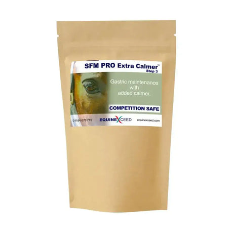 A tan resealable pouch of equine exceed sfm pro extra calmer step 3 horse supplement for gastric maintenance