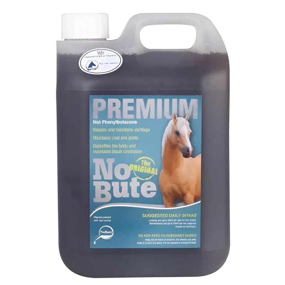 Dark gray plastic jug with white cap and handle labeled nobute premium for equine health and healthy joints 2.5 l