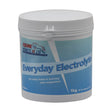 White plastic container of equine product everyday electrolyte with blue and light teal label by equine products uk ltd