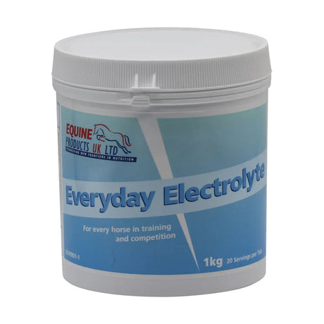 White plastic container of equine product everyday electrolyte with blue and light teal label by equine products uk ltd