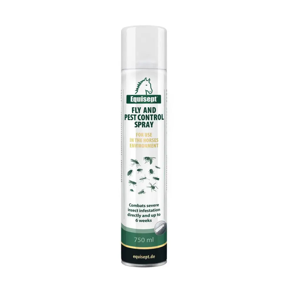 White and green equine products equisept flyspray aerosol can 750 ml pest control spray for flies and insects