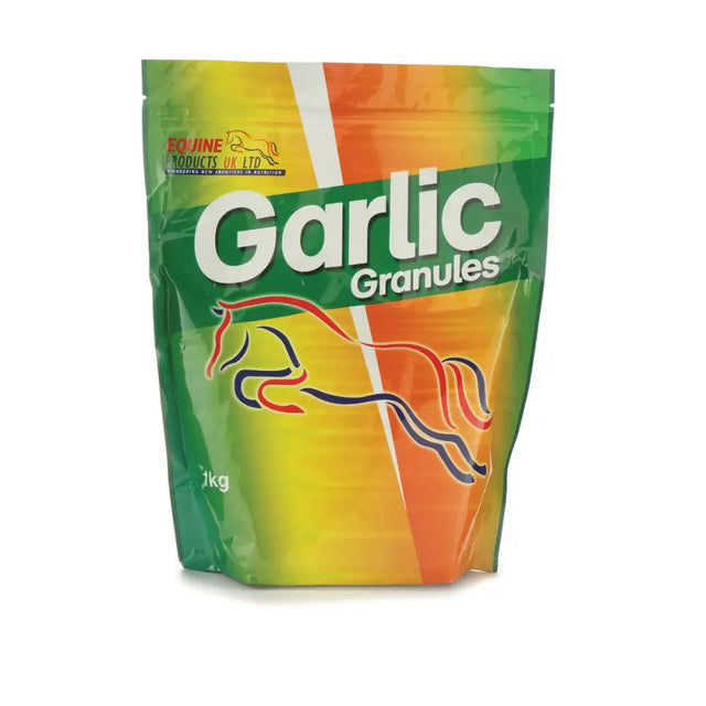 A vibrant green yellow and orange pouch of equine products garlic granules horse supplements from equine products uk ltd