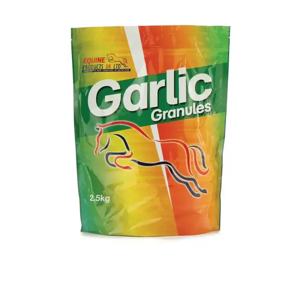 A vibrant green yellow and orange pouch of equine products garlic granules for horse supplements from uk ltd