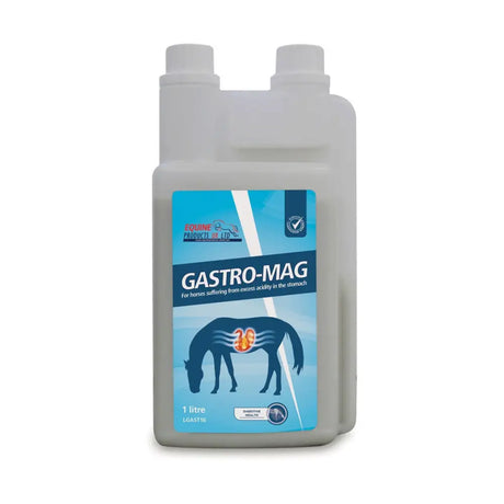 A 1-litre translucent plastic bottle of equine products gastro mag gut balancers for excess acidity in horses