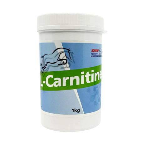 White plastic container of equine products l carnitine supplement with blue green label for fat metabolism support
