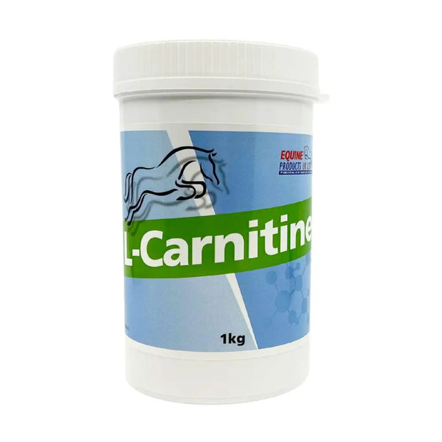 White plastic container of equine products l carnitine supplement with blue green label for fat metabolism support
