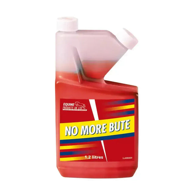 Red plastic bottle with white cap and spout labeled no more bute by equine products uk ltd for bute equine use