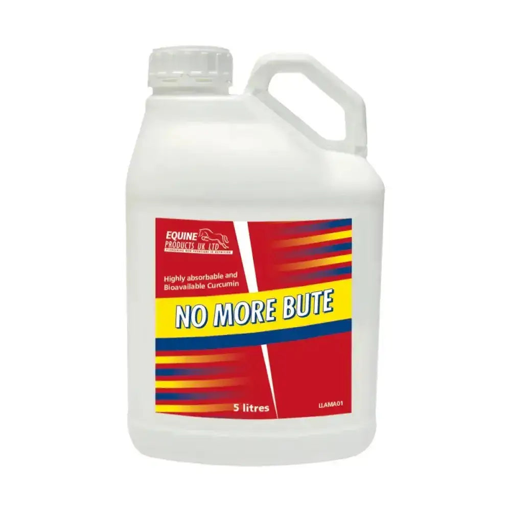 White plastic jug with handle and screw-on cap labeled no more bute equine joint supplements with bioavailable curcumin