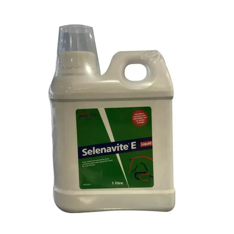 White plastic jug with green and white label of selenavite e liquid a comprehensive all-round horse supplement