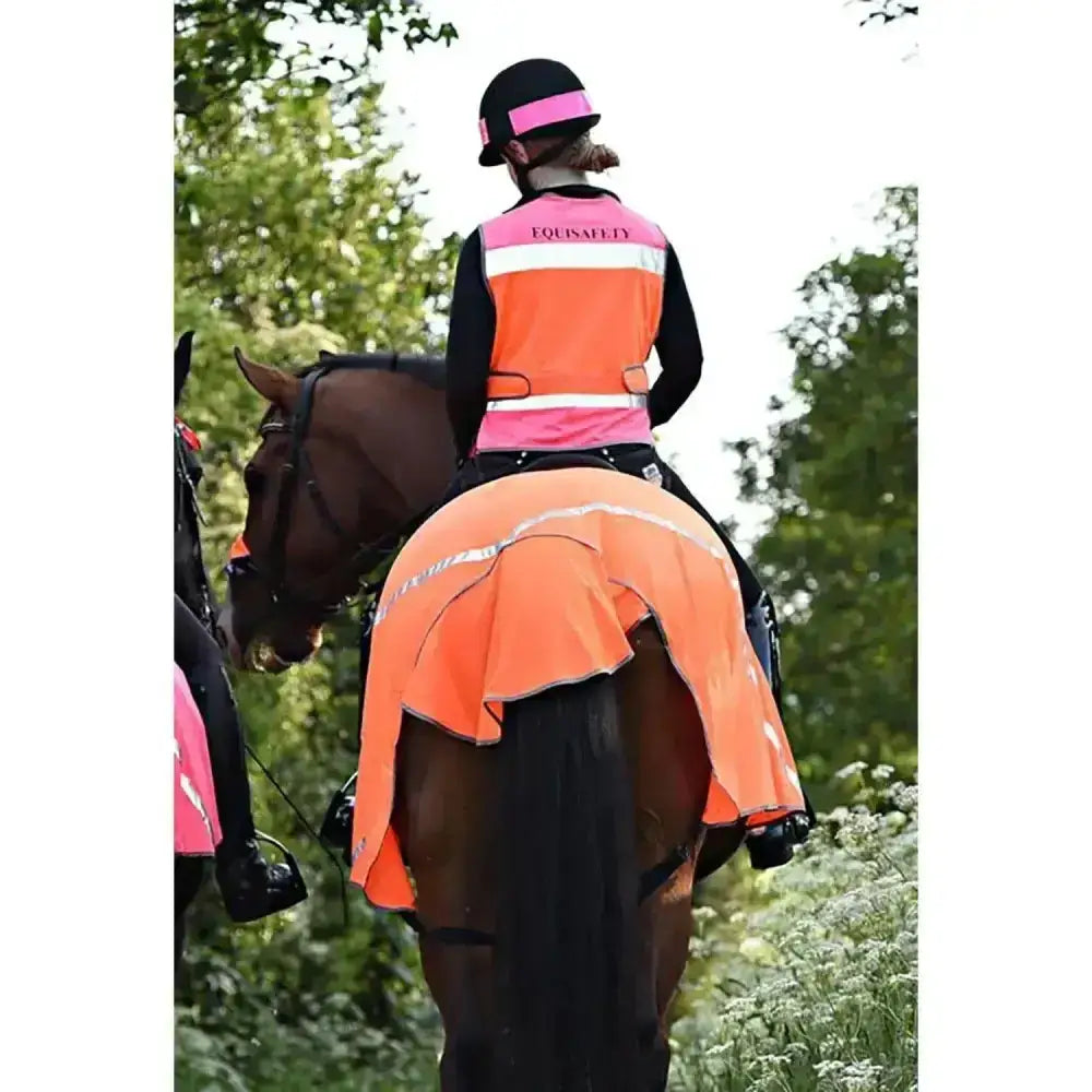 Bright orange and pink equisafety breathable mesh fly quarter vest with white stripes for equestrian visibility