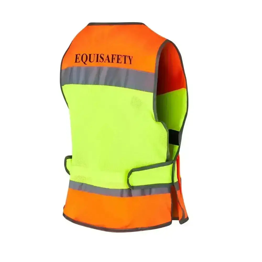 Equisafety childrens hi-vis waistcoat in bright orange and lime green with reflective stripes for safety use