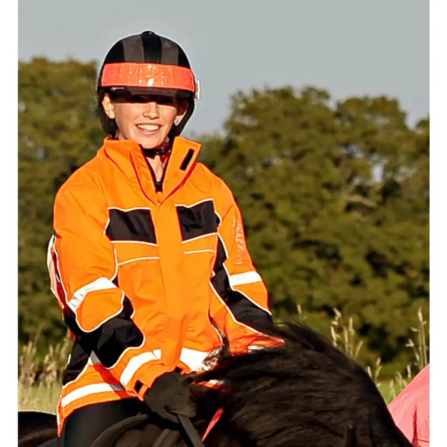 Bright orange equisafety hatband riding jacket with black and white reflective accents for equestrian horses