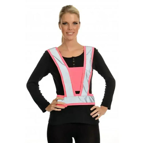 Pink and silver reflective equisafety hi-vis adjustable body harness with neon pink trim for high visibility safety