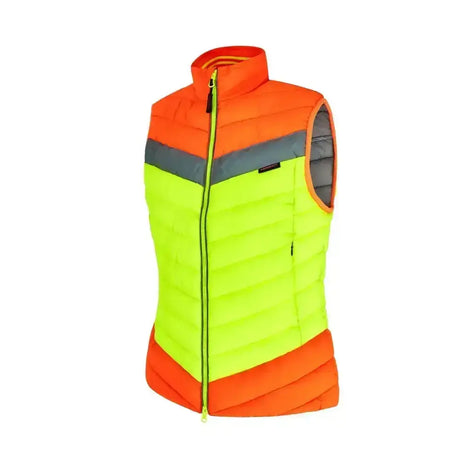 Bright orange and neon green equisafety hi-vis riding gilet yellow with reflective gray accents perfect for riding safety