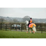 A white horse wearing an equisafety hi-vis waterproof quarter sheet in pink orange with matching leg wraps and vest