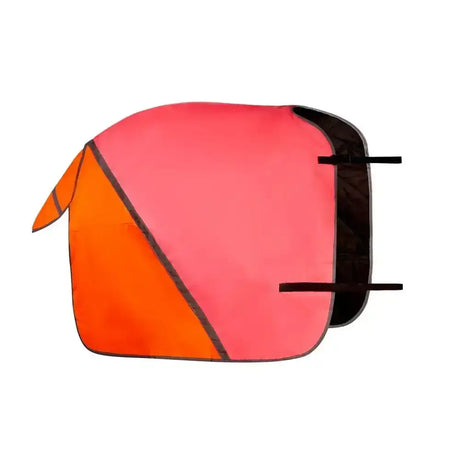 Vibrant pink and orange equisafety hi-vis waterproof quarter sheet with geometric pattern and black trim for horses