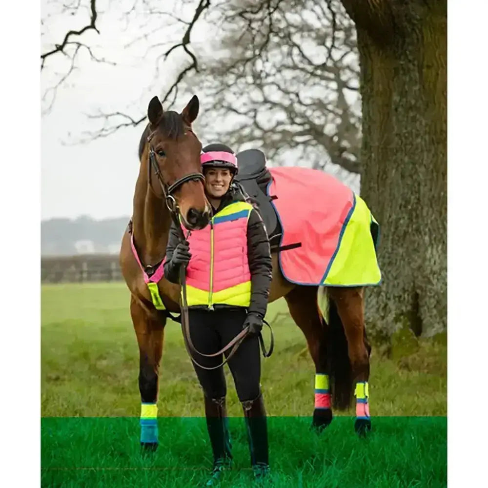 Bright pink and neon yellow equisafety hi-vis waterproof quarter sheet with black trim for safety and visibility