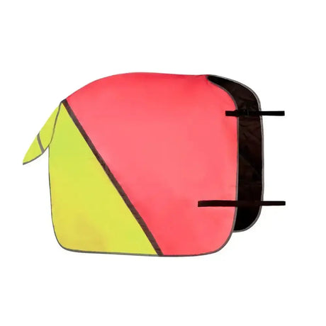 Vibrant pink and lime green equisafety hi-vis waterproof quarter sheet with black straps for high visibility riding