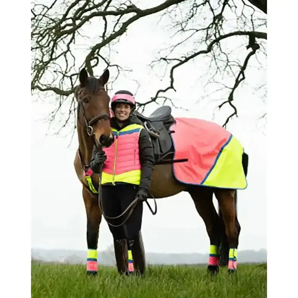 Bright pink and neon yellow equisafety hi-vis waterproof quarter sheet with black trim for high visibility and protection