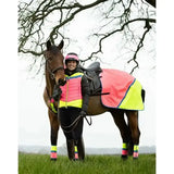 Bright pink and neon yellow equisafety hi-vis waterproof quarter sheet with black trim for high visibility and protection