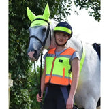 Bright neon green and orange multi colour waistcoats with gray trim and logo patch made from highly breathable mesh hi-vis material